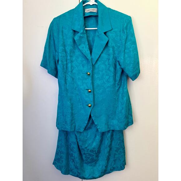 Vintage Argenti Teal Blue Brocade Embossed Silk Two Piece Skirt Suit Set Small 6 - Picture 1 of 6